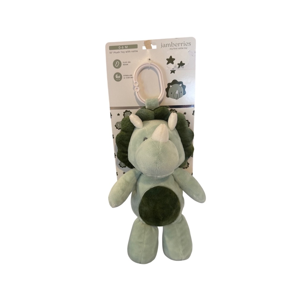 Jamberries My First Rattle Toy Cuddle Dinosaur 10 Inch Plush Green Stroller Clip - Picture 3 of 4